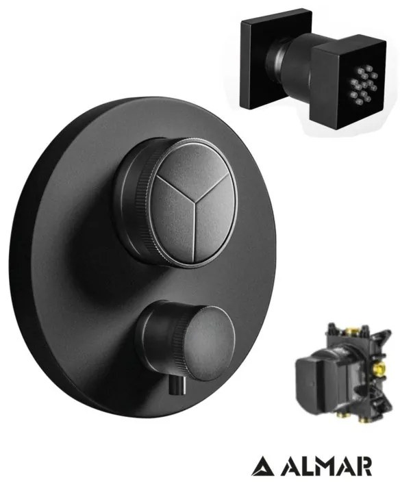 Almar Black matt Jet+Thermo-Core Push Θερμοστατικός μίκτης εντοιχισμού 3 εξόδων+κιτ εντοιχισμού
