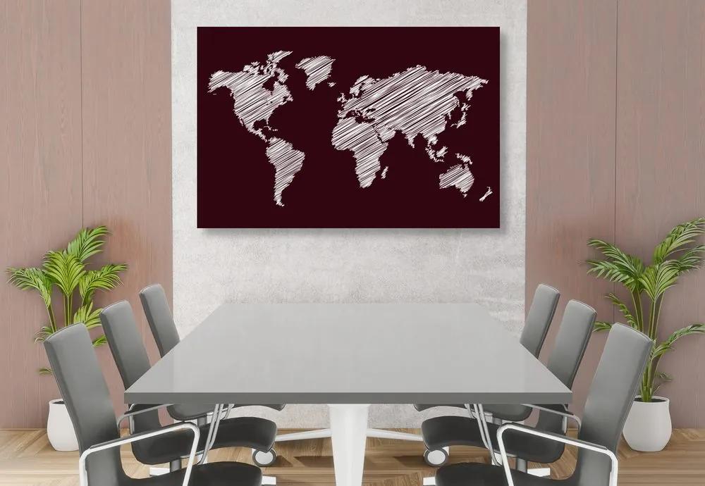 Εικόνα στον παγκόσμιο χάρτη που εκκολάπτεται από φελλό σε μπορντό φόντο - 120x80  color mix