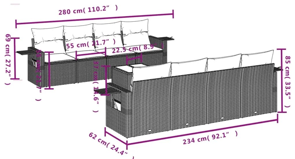 vidaXL Σαλόνι Κήπου Σετ 9 τεμ. Μπεζ Συνθετικό Ρατάν με Μαξιλάρια