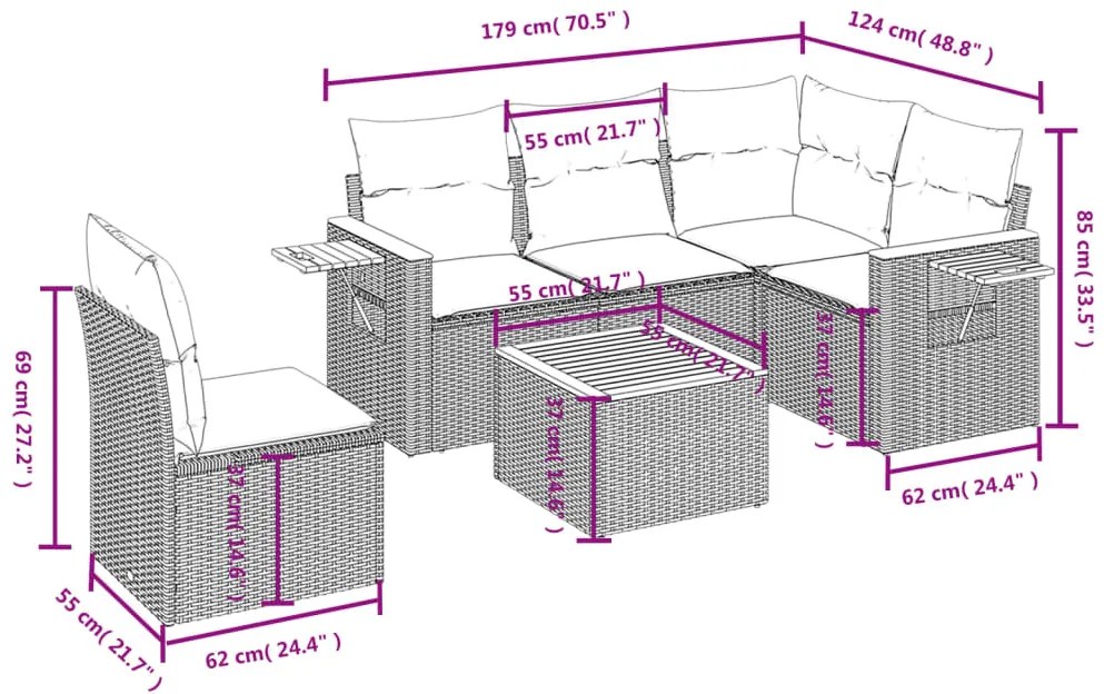 vidaXL Καναπές Κήπου 6 Τεμαχίων Μαύρο από Συνθετικό Ρατάν με Μαξιλάρια