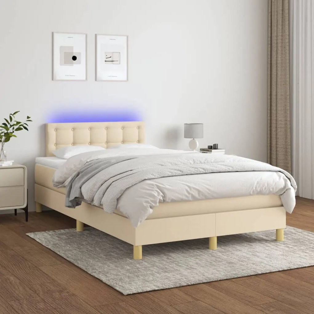 Κρεβάτι Boxspring με Στρώμα &amp; LED Κρεμ 120x200 εκ. Υφασμάτινο