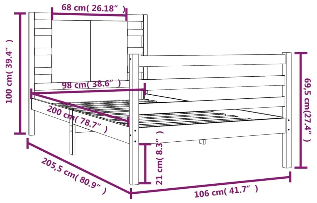 vidaXL Σκελετός Κρεβατιού Χωρίς Στρώμα Λευκό 100x200 εκ. Μασίφ Πεύκο