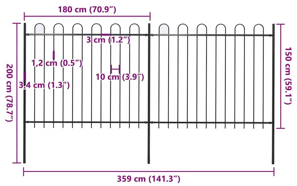 vidaXL Φράχτης Κήπου με Κορυφή από Ατσάλι 359 x 150 εκ. Μαύρος