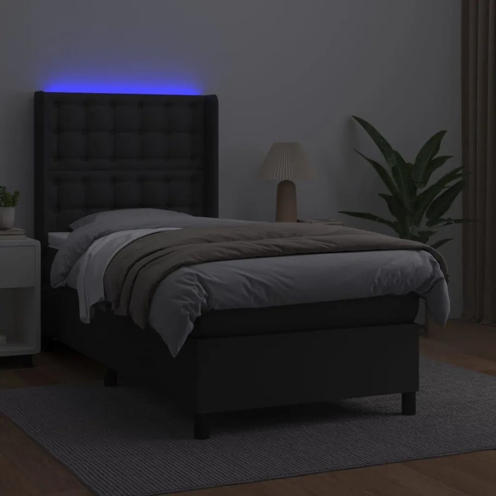 Κρεβάτι Boxspring με Στρώμα &amp; LED Μαύρο 90x200 εκ. Συνθ. Δέρμα - Μαύρο