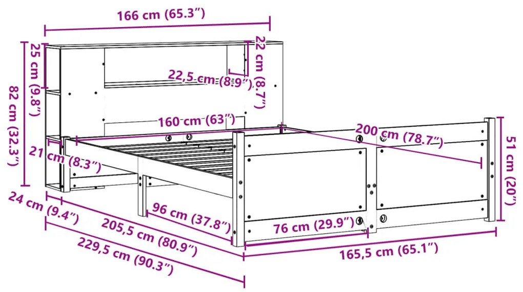 Κρεβάτι Βιβλιοθήκη Χωρίς Στρώμα 160x200 εκ Μασίφ Ξύλο Πεύκου - Λευκό