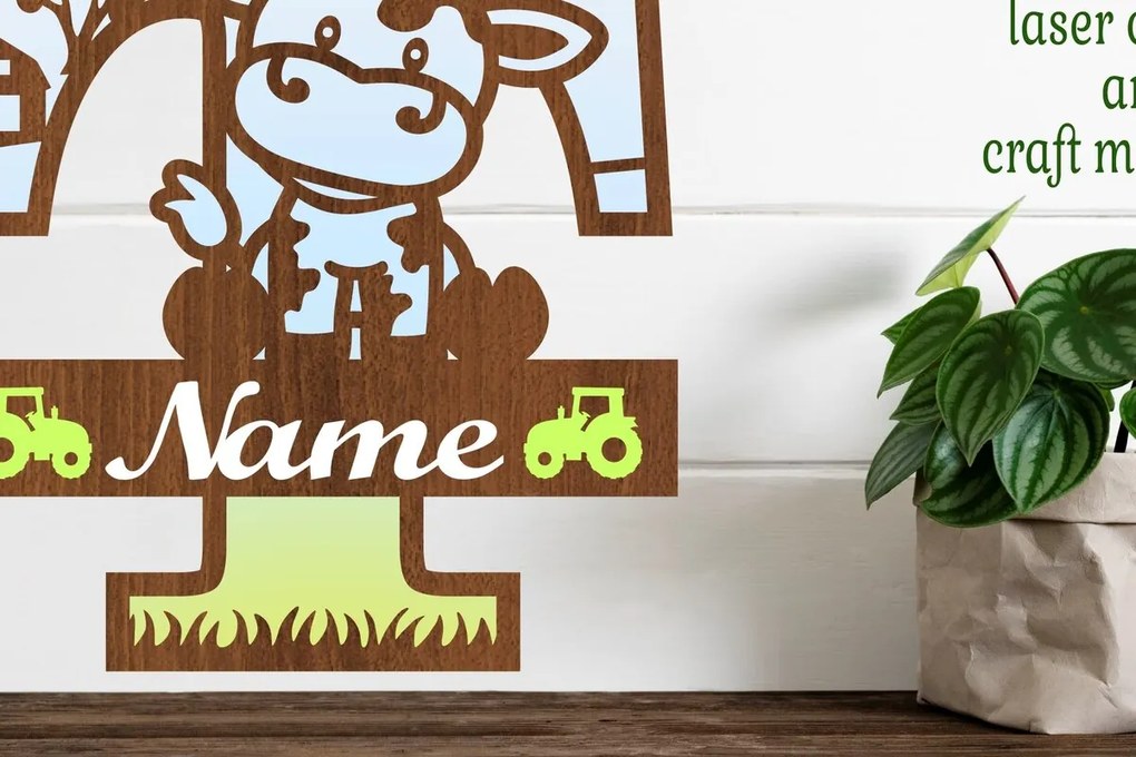 Σετ των 2 Intra απο ξύλο plywood 3mm-4mm πάχος - Μονόγραμμα κεφαλαίων αγελάδας Γράμμα T  Αποκοπή Δίασταση 30x20 cm INTRAFABR-74483994