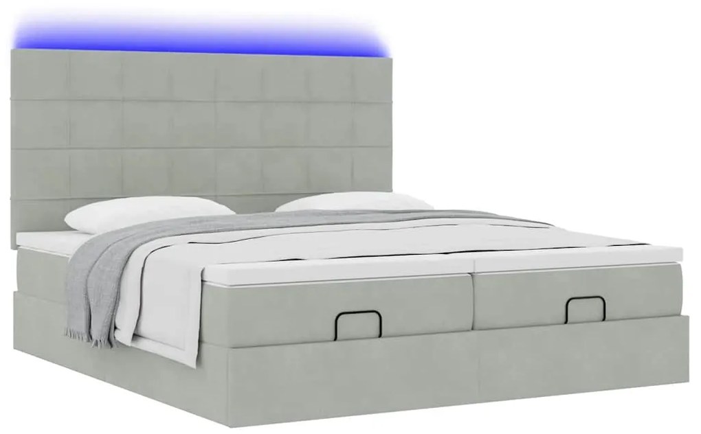 vidaXL Οθωμανικό κρεβάτι με στρώματα &amp; LEDs Ανοιχτό γκρι Βελούδο