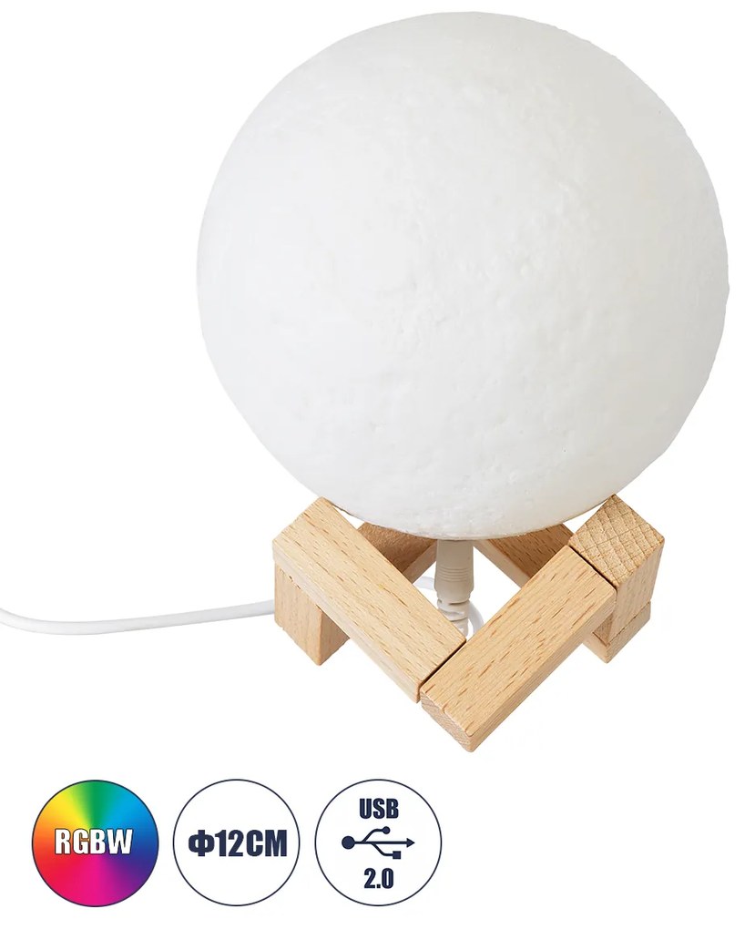 GloboStar® MOON 79606 Μοντέρνο Επιτραπέζιο Φωτιστικό Πορτατίφ LED 2W 120lm 360° DC 5V - Εναλλαγή Φωτισμού μέσω Τηλεχειριστηρίου - Dimmable - RGBW - Φ12 x Υ15 - Λευκό