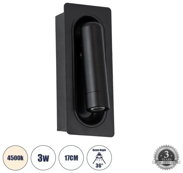 Χωνευτό Φωτιστικό Τοίχου Bed Side 3W 4500K Αλουμίνιο MANHATTAN Globostar-61097-Μαύρο 61097