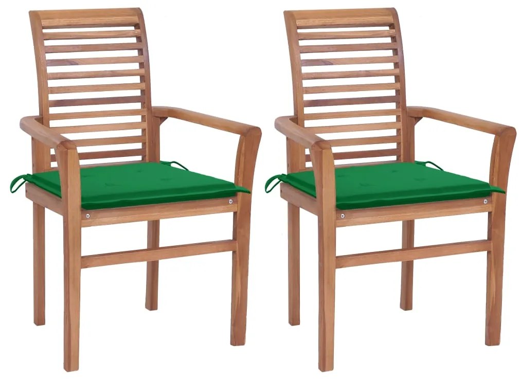 Καρέκλες Τραπεζαρίας 2 τεμ Μασίφ Ξύλο Teak με Πράσινα Μαξιλάρια