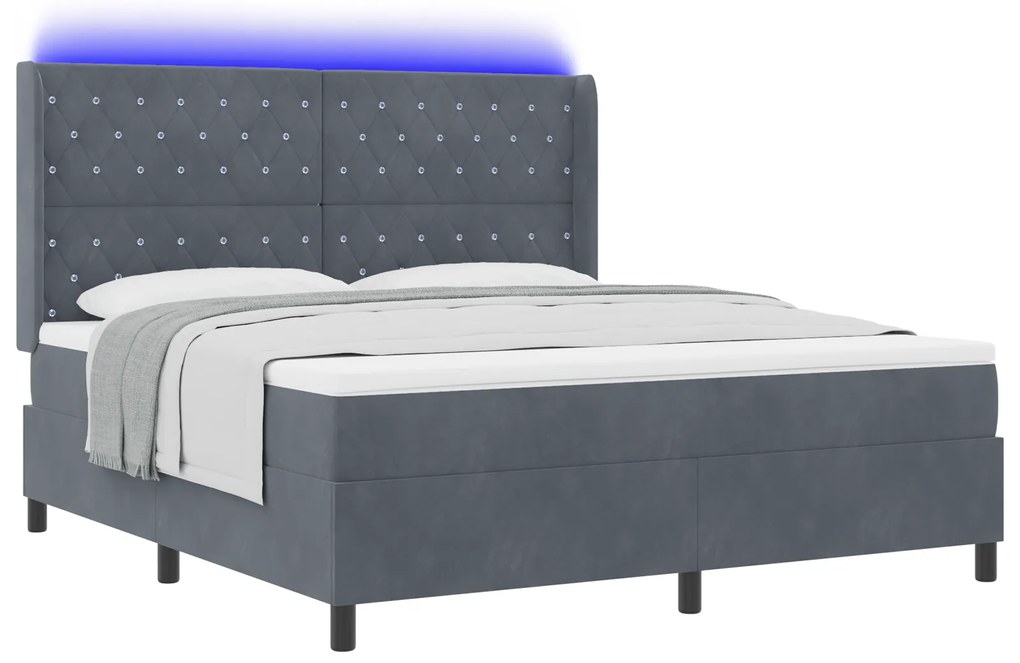 vidaXL Κρεβάτι Box Spring με Στρώμα & LED Γκρι Σκούρο 180x200 εκ Βελούδο
