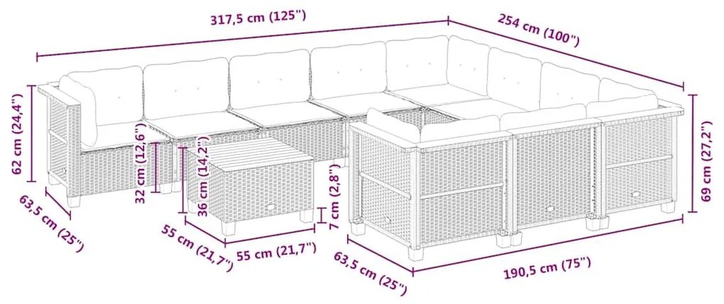 Σαλόνι Κήπου Σετ 11 τεμ. Μπεζ Συνθετικό Ρατάν με Μαξιλάρια - Μπεζ