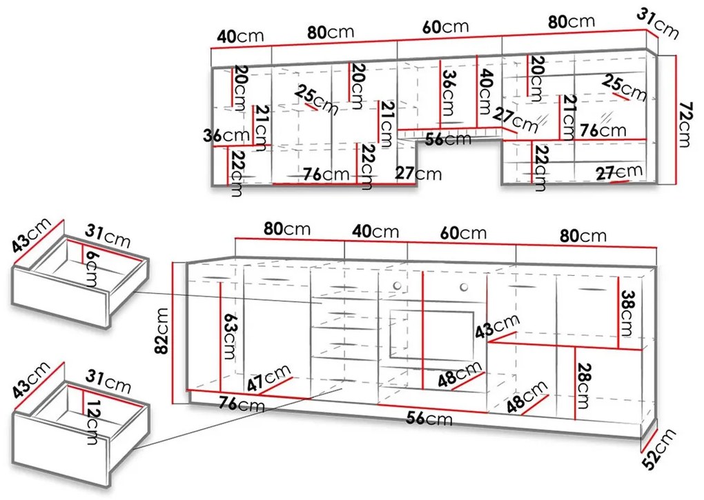 Σετ κουζίνας Tucson 167, 260x52cm, 155 kg, Επεξεργασμένο γυαλί, Πλαστικοποιημένη μοριοσανίδα | Epipla1.gr