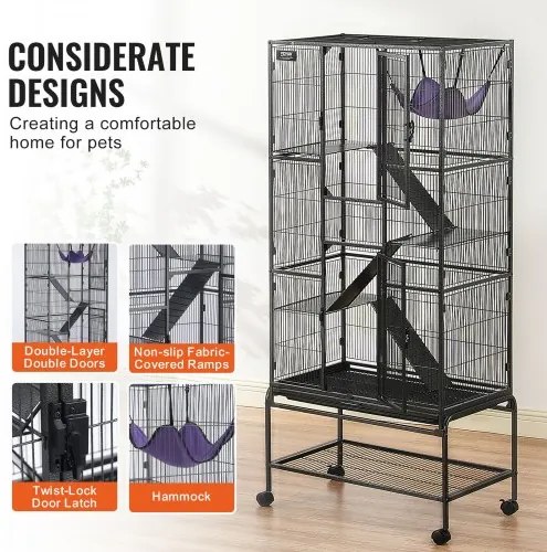 VEVOR 69&quot; Metal Small Animal Cage 4-Tier Rolling Ferret Cage with Tray 3 Ramps