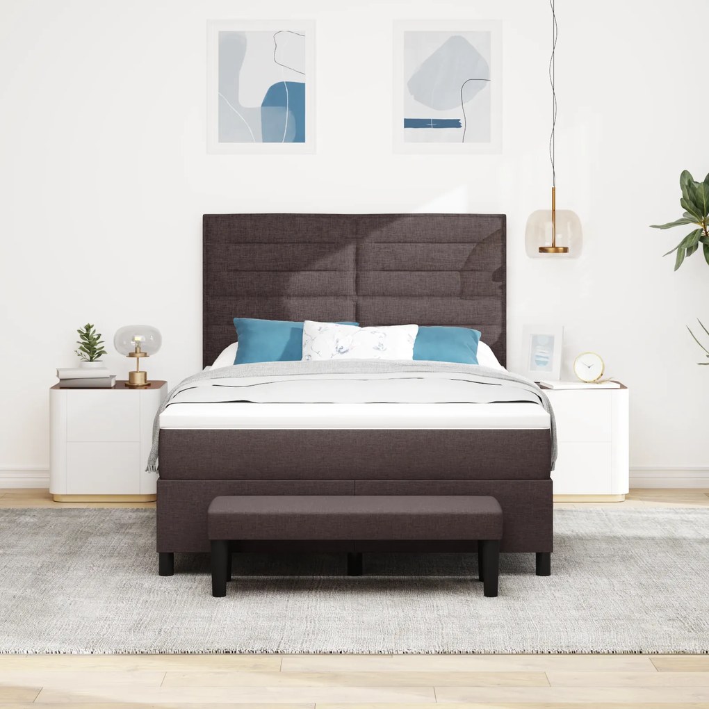vidaXL Κρεβάτι Box Spring με Στρώμα & Πάγκο Σκούρο Καφέ 140x190 εκ. Ύφασμα