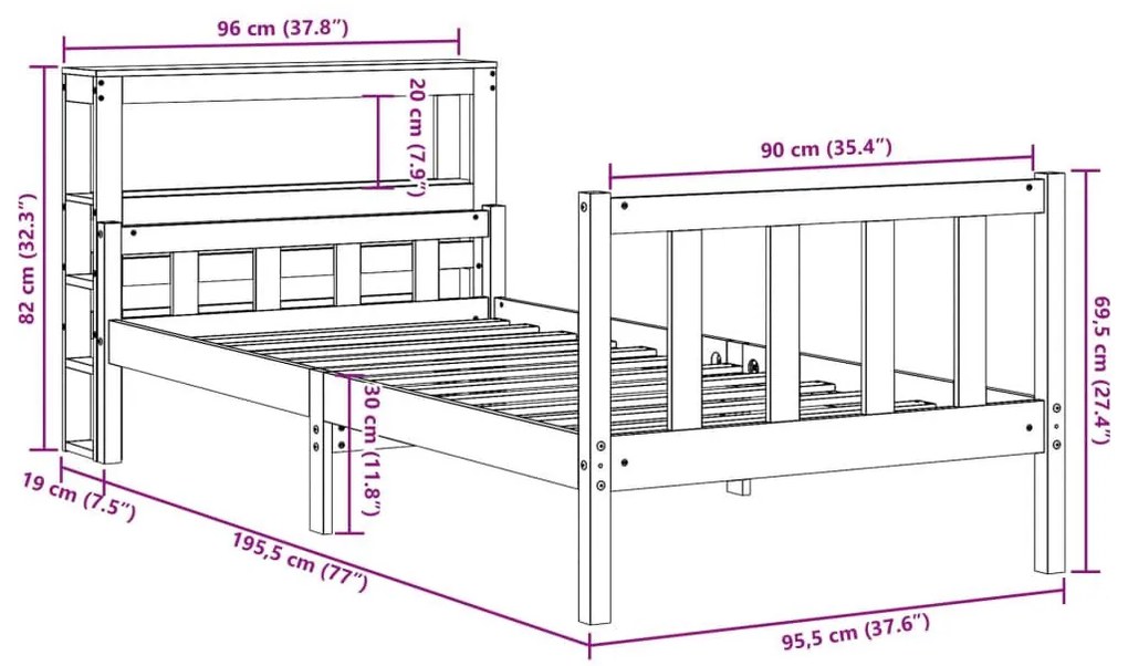 Πλαίσιο Κρεβατιού Κεφαλάρι Καφέ Κεριού 90x190 εκ. Μασίφ Πεύκο - Καφέ