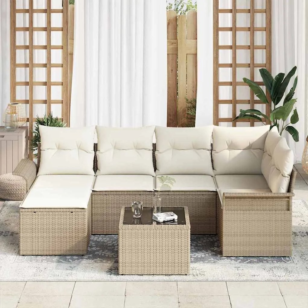 vidaXL Σετ Καναπέ Κήπου με μαξιλάρι 7 pcs Μπεζ Πολυ ράταν