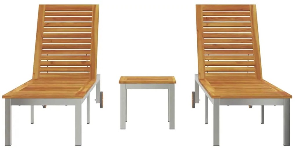 vidaXL Ξαπλώστρες 2 τεμάχια με τραπέζι 3 pcs Καφέ Στερεό ξύλο ακακίας