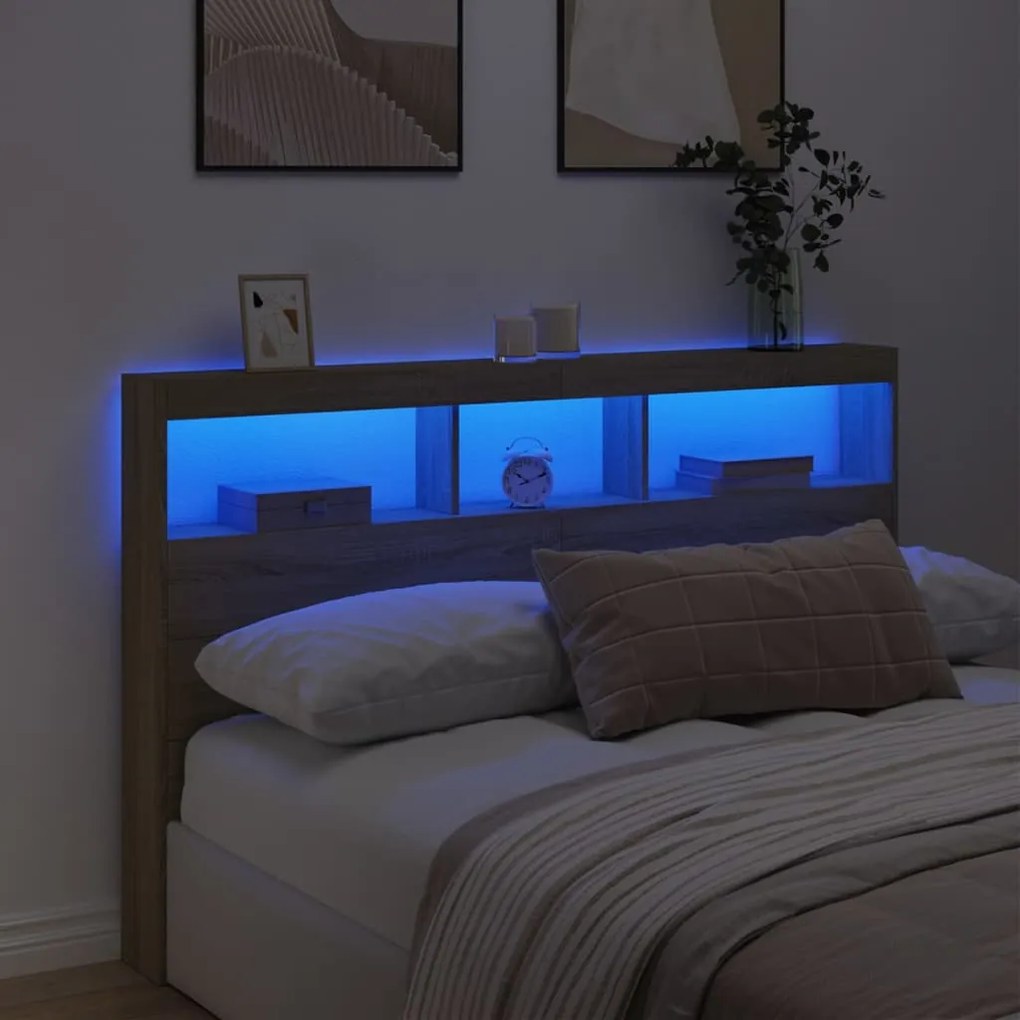 Κεφαλάρι με Αποθηκευτικό Χώρο &amp; LED Sonoma Δρυς 160x17x102 εκ. - Καφέ