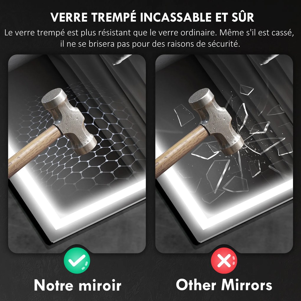 Καθρέφτης μπάνιου LED bluetooth 80 x 100 cm Διακόπτης αφής Ρυθμιζόμενος φωτισμός 3 χρωμάτων Αντιθαμβωτικός Μνήμη Ασημί