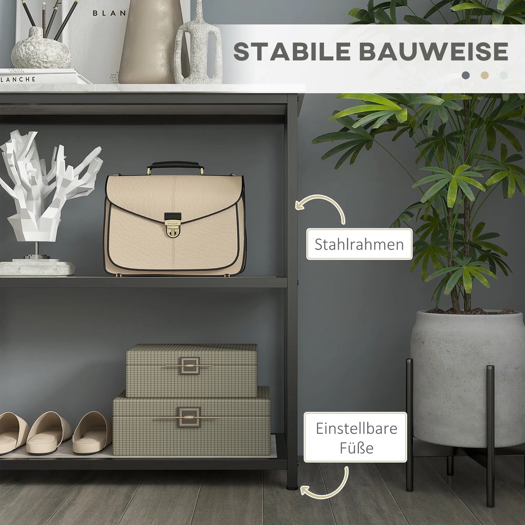 HOMCOM Κονσόλα σε βιομηχανικό σχεδιασμό, 2 ράφια, όψη μαρμάρου, Μαύρο + Λευκό