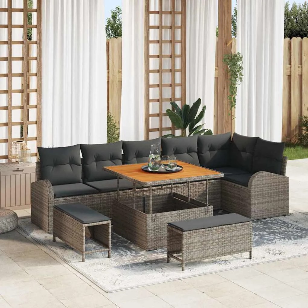 vidaXL Σετ Καναπέ Κήπου με μαξιλάρι 9 pcs Γκρι Πολυ ράταν