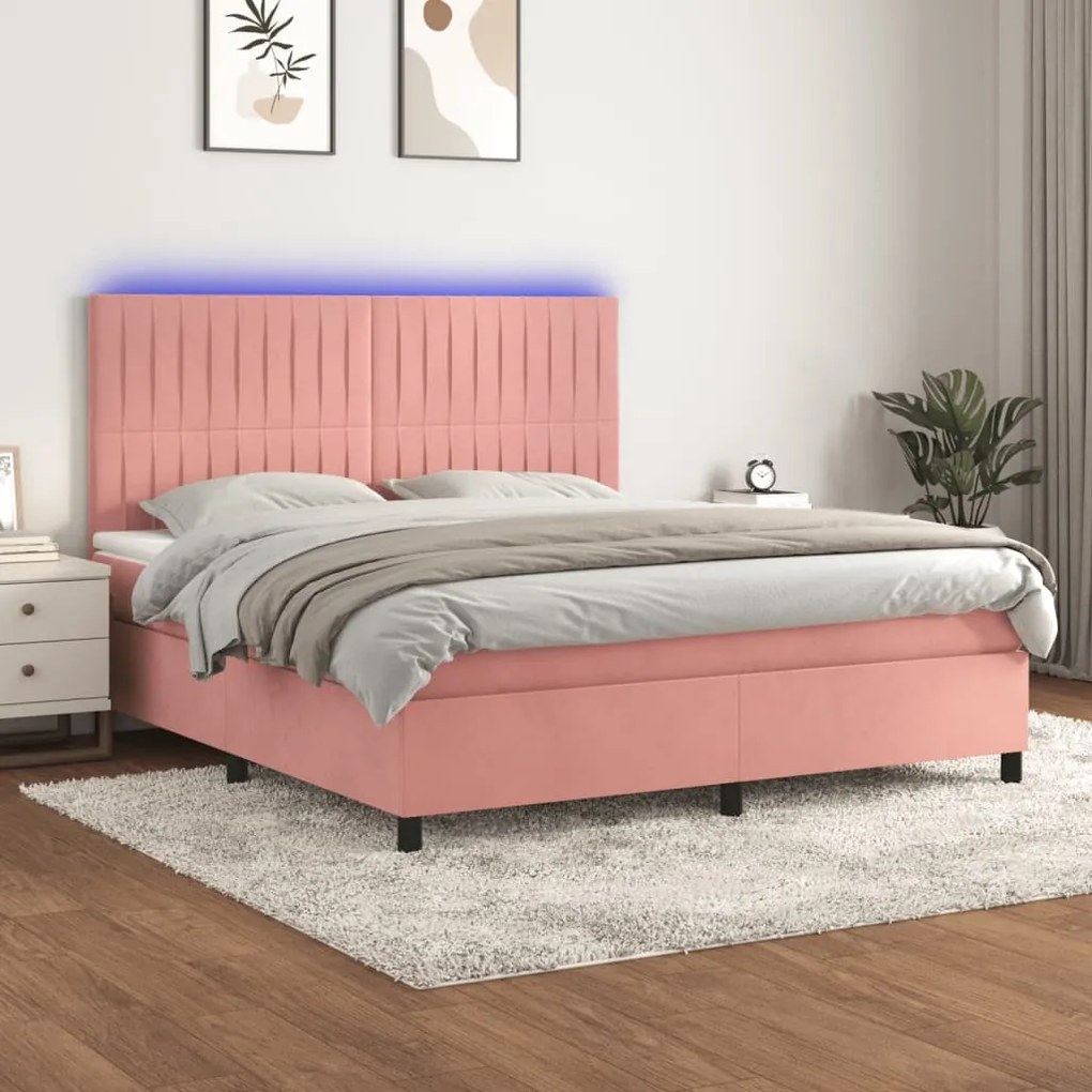 vidaXL Κρεβάτι Boxspring με Στρώμα &amp; LED Ροζ 160x200 εκ. Βελούδινο