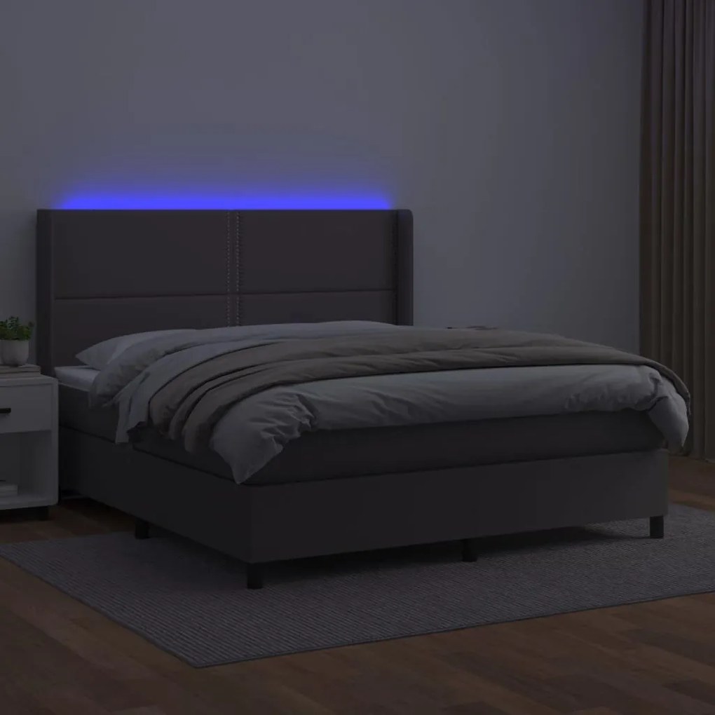 Κρεβάτι Boxspring με Στρώμα &amp; LED Γκρι 180x200 εκ. Συνθ. Δέρμα - Γκρι