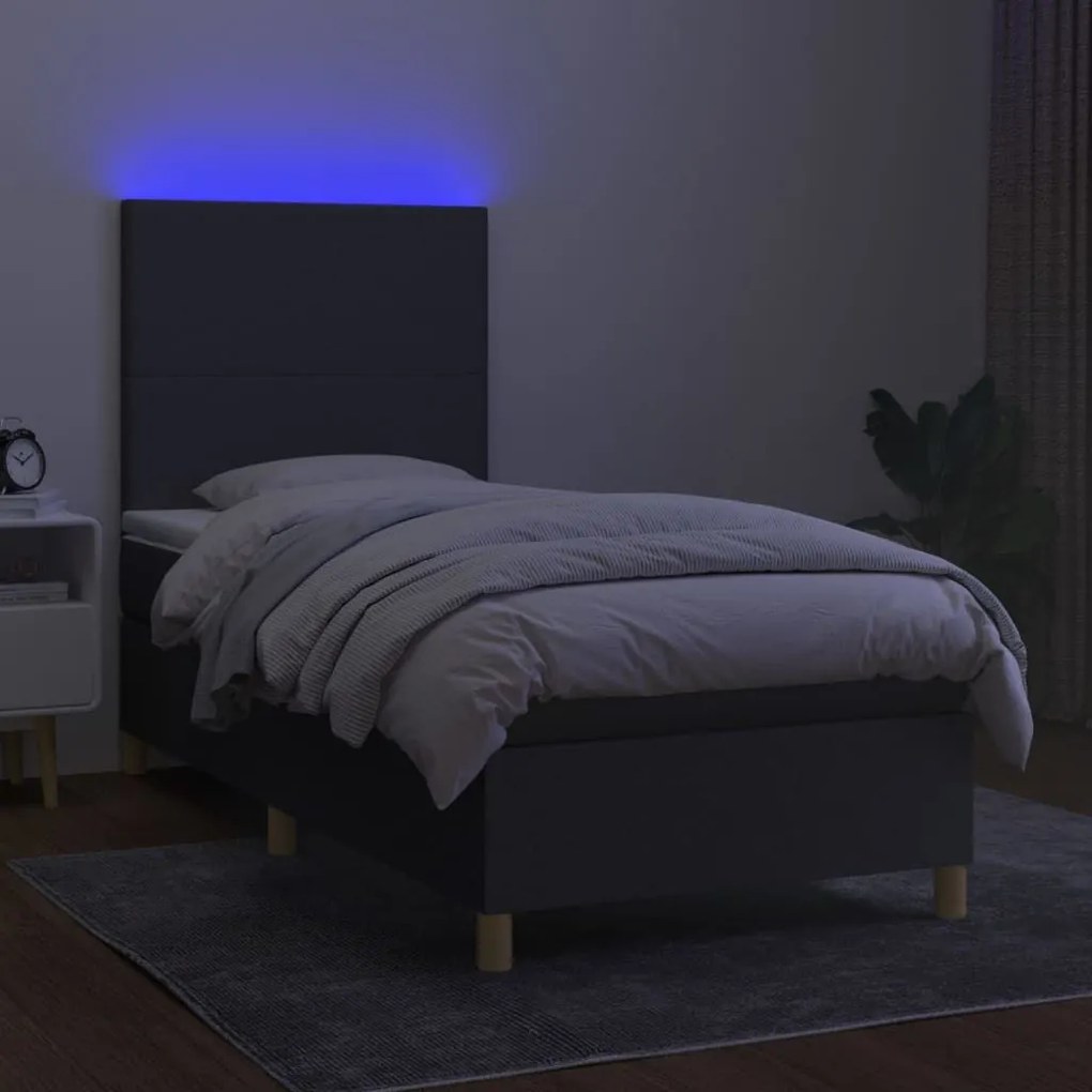 Κρεβάτι Boxspring με Στρώμα &amp; LED Σκ.Γκρι 90x190 εκ. Υφασμάτινο - Γκρι