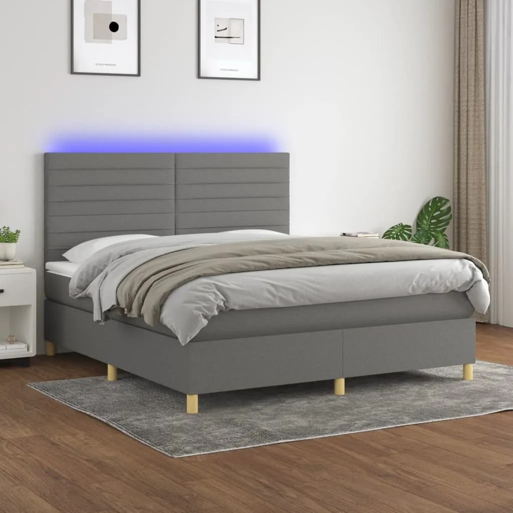 vidaXL Κρεβάτι Boxspring με Στρώμα & LED Σκ.Γκρι 160x200 εκ Υφασμάτινο