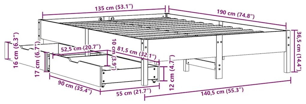 Σκελετός Κρεβ. Χωρίς Στρώμα Καφέ Κεριού 135x190 εκ Μασίφ Πεύκο 3301727