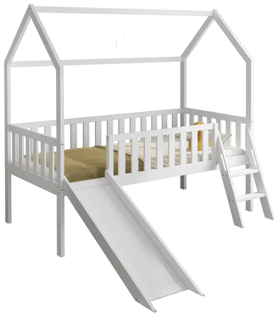 Κρεβάτι παιδικό PHYLLIS με Τσουλήθρα τύπου Montessori Ξύλο Πεύκου Λευκό 90x190 εκ. 196x96x185 εκ.