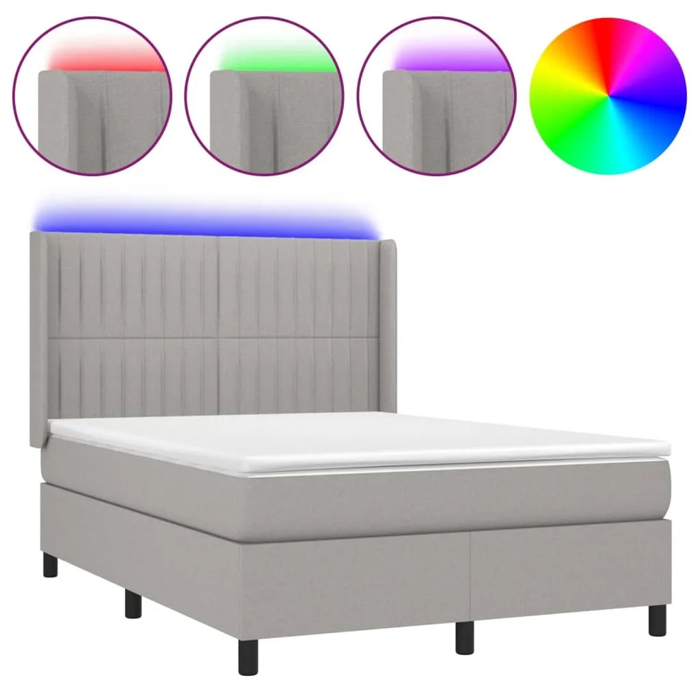 vidaXL Κρεβάτι Boxspring με Στρώμα & LED Αν.Γκρι 140x190εκ. Υφασμάτινο