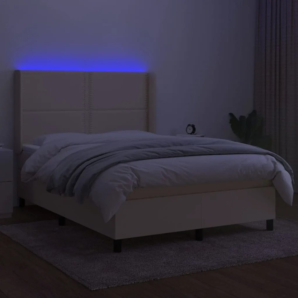 vidaXL Κρεβάτι Boxspring με Στρώμα & LED Κρεμ 140x190 εκ. Υφασμάτινο