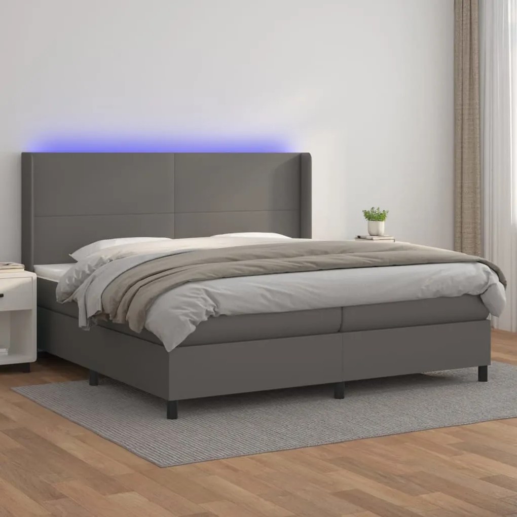 Κρεβάτι Boxspring με Στρώμα &amp; LED Γκρι 200x200 εκ. Συνθ. Δέρμα - Γκρι