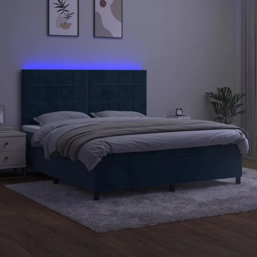 vidaXL Κρεβάτι Boxspring με Στρώμα & LED Σκ. Μπλε 180x200εκ. Βελούδινο