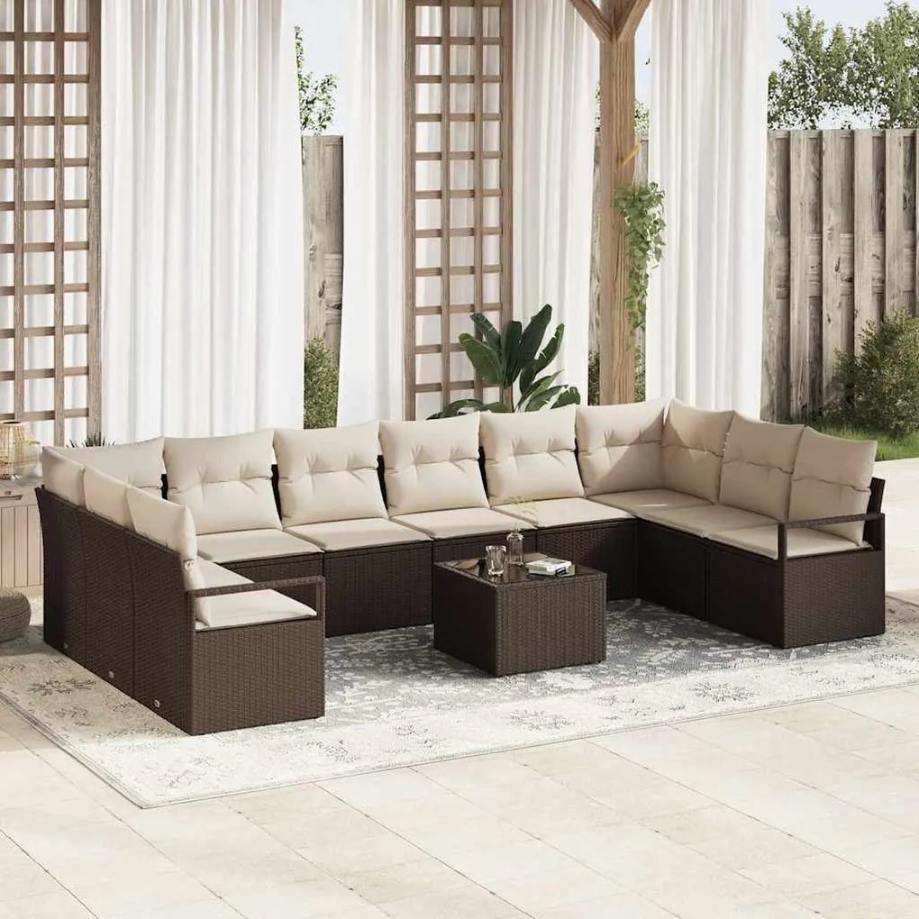 vidaXL Σετ Καναπέ Κήπου 11 pcs Καφέ, Κρέμα Πολυ rattan, βαμμένο ατσάλι