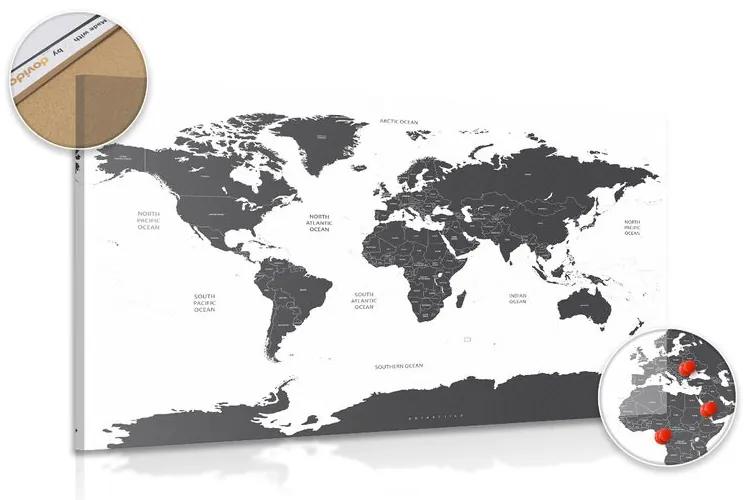 Εικόνα στον παγκόσμιο χάρτη φελλού με μεμονωμένες πολιτείες σε γκρι - 120x80  wooden