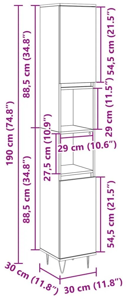 Ντουλάπι Μπάνιου Sonoma Δρυς 30x30x190 εκ. Επεξεργασμένο Ξύλο - Καφέ