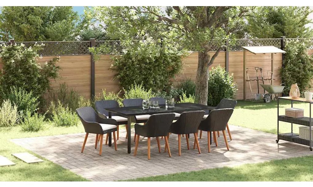 vidaXL Σέτ φαγητού για κήπο με μαξιλάρι 9 pcs Μαύρο συνθετικό ρατάν