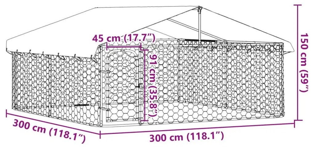 Κλουβί Σκύλου Εξωτερικού Χώρου 300 x 300 x 150 εκ. με Στέγαστρο - Ασήμι