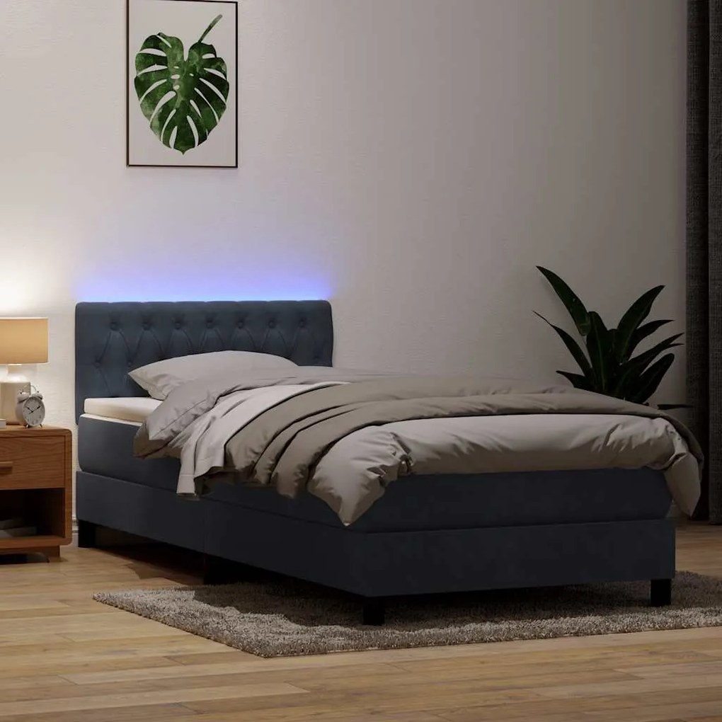 vidaXL Κρεβάτι Boxspring με Στρώμα &amp; LED Σκούρο γκρι 80x210 εκ. Βελούδινο