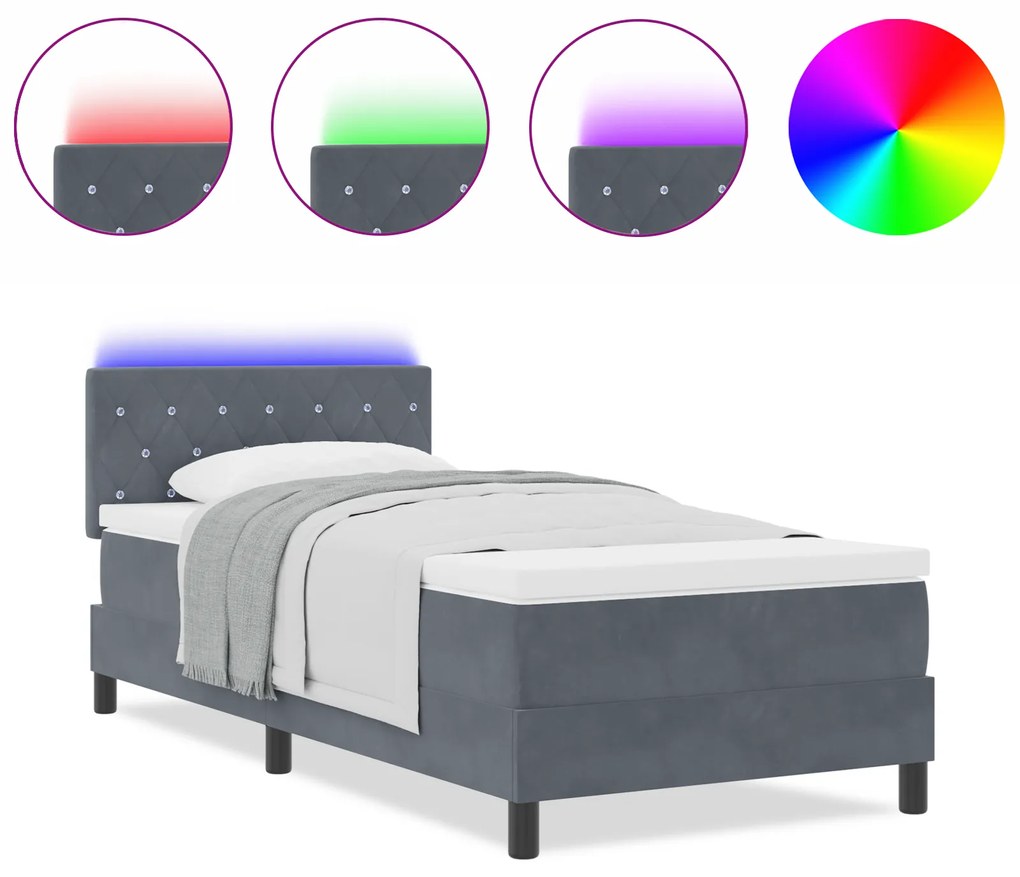 vidaXL κρεβάτι box spring με στρώμα και LED σκούρο γκρι 100x200 εκ. βελούδο