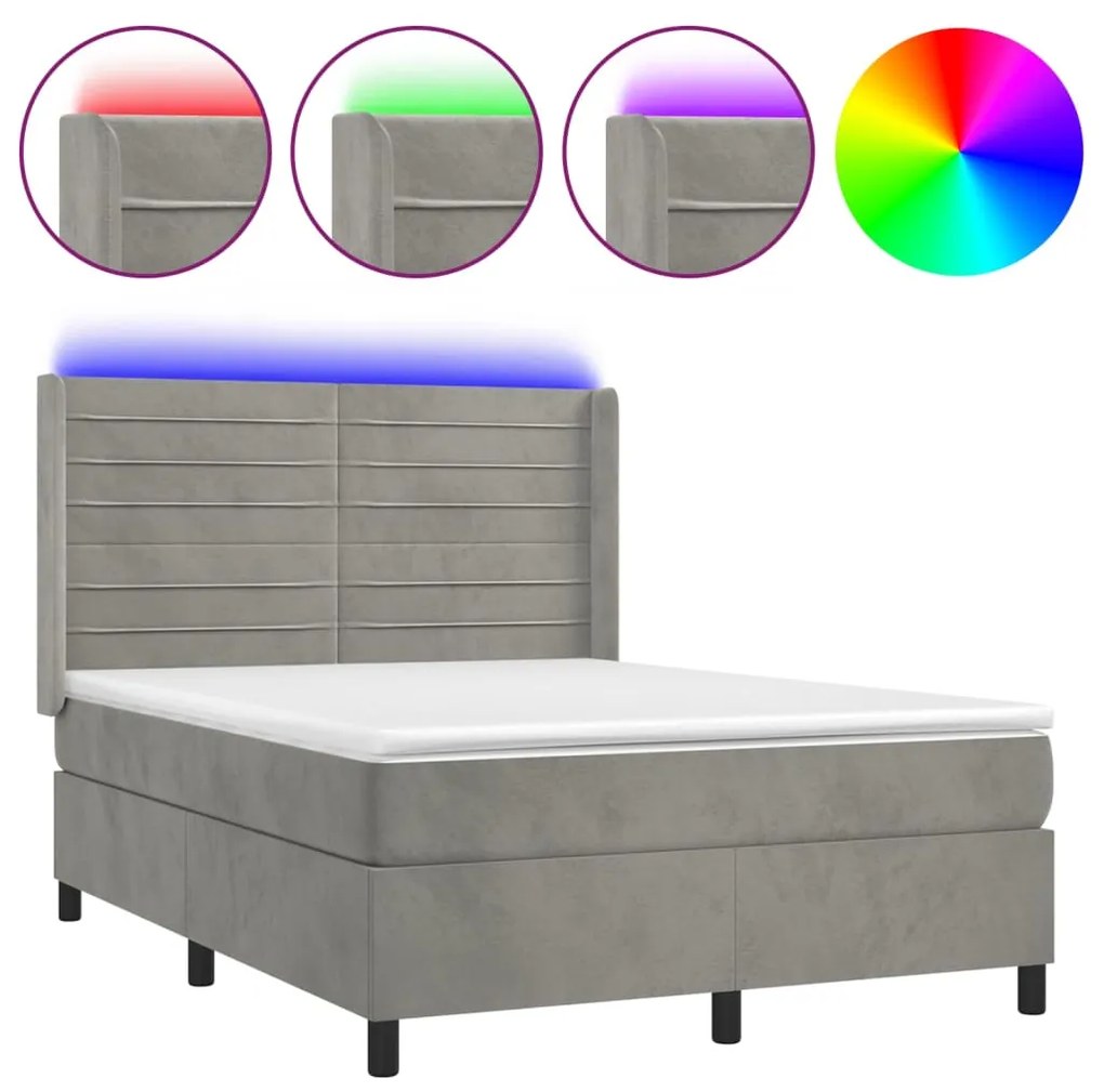 Κρεβάτι Boxspring με Στρώμα &amp; LED Αν.Γκρι 140x200 εκ. Βελούδινο - Γκρι