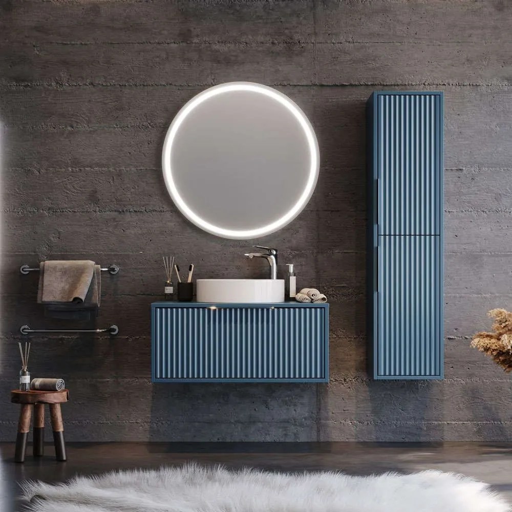Έπιπλο Μπάνιου Πάγκος Με Νιπτήρα &amp; Καθρέπτη Led Hole 9SHOL085BLS 83x50x37/Φ80cm Blue Ceranic,Mdf