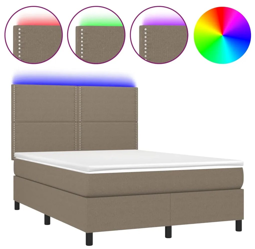 vidaXL Κρεβάτι Boxspring με Στρώμα & LED Taupe 140x190 εκ. Υφασμάτινο