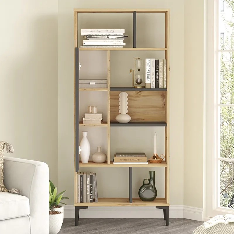 Βιβλιοθήκη Neville pakoworld φυσικό-ανθρακί 72x25x163.3εκ (1 τεμάχια)