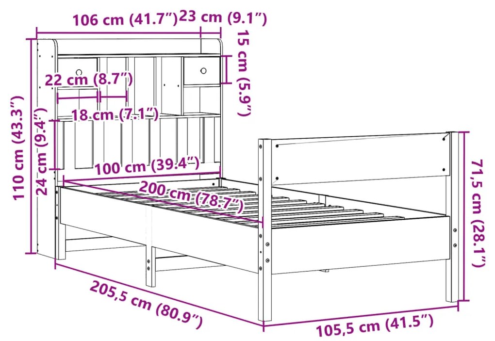 Κρεβάτι Βιβλιοθήκη Χωρίς Στρώμα 100x200 εκ Μασίφ Ξύλο Πεύκου - Καφέ