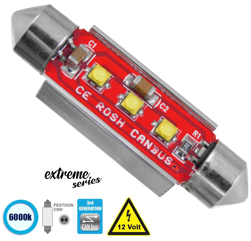 GloboStar® 81327 Λάμπα Αυτοκίνητου 42mm FESTOON - C5W 3rd Generation Can-Bus Extreme Series LED 3 CREE XBD 7.5W 1058lm 120° DC 12V IP20 Ψυχρό Λευκό 6000K