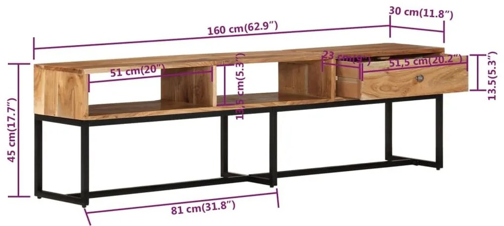 Έπιπλο Τηλεόρασης 160 x 30 x 45 εκ. από Μασίφ Ξύλο Ακακίας  - Καφέ